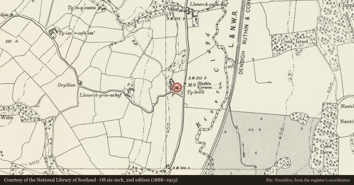 Ordnance Survey six-inch map, 2nd edition (1888–1913) covering the location of Ty Brith, Efenechtyd, Denbighshire, with a pin at the register's coordinates
