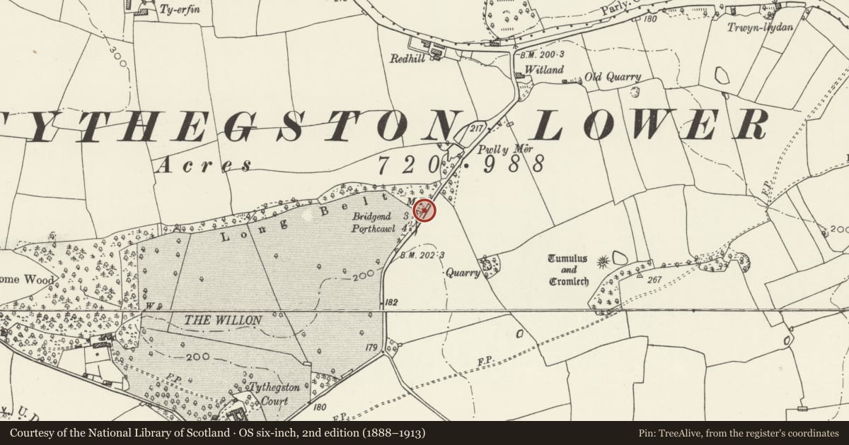 Ordnance Survey six-inch map, 2nd edition (1888–1913) covering the location of Mile marker, Merthyr Mawr, Bridgend, with a pin at the register's coordinates