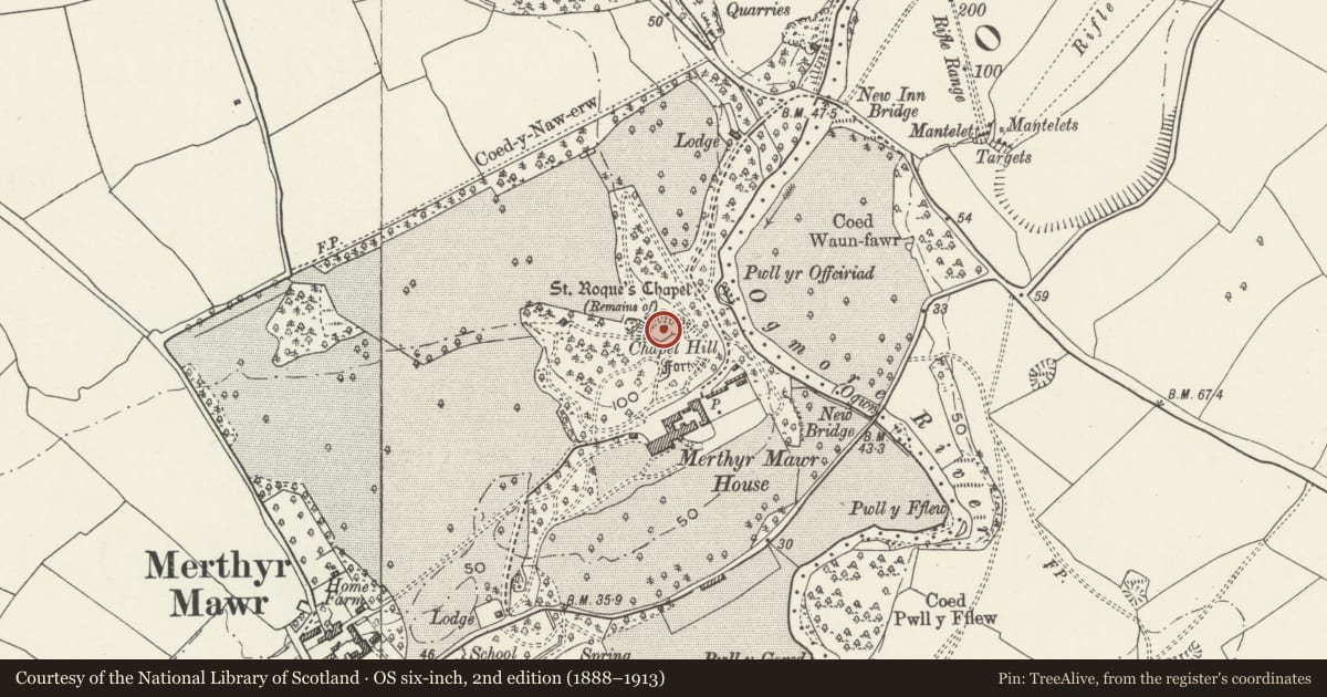 Ordnance Survey six-inch map, 2nd edition (1888–1913) covering the location of Chapel of St Roque, Merthyr Mawr, Bridgend, with a pin at the register's coordinates