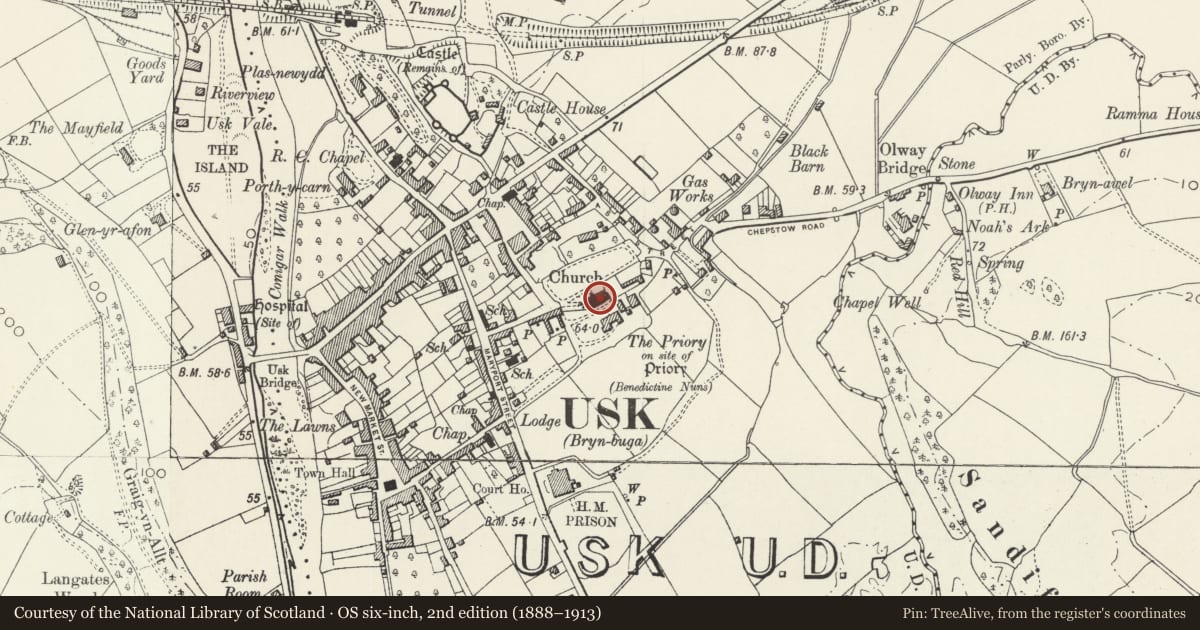 Ordnance Survey six-inch map, 2nd edition (1888–1913) covering the location of Priory Church of St Mary, Usk, Monmouthshire, with a pin at the register's coordinates