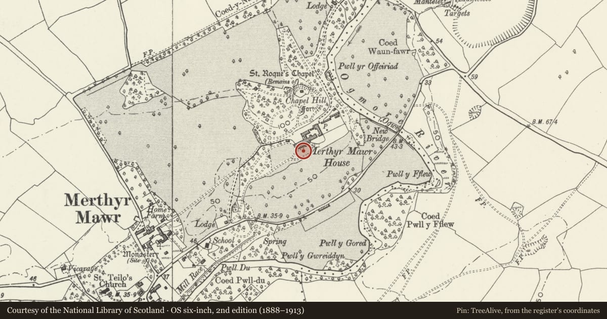 Ordnance Survey six-inch map, 2nd edition (1888–1913) covering the location of South Terrace and Revetment at Merthyr Mawr House, Bridgend, with a pin at the register's coordinates