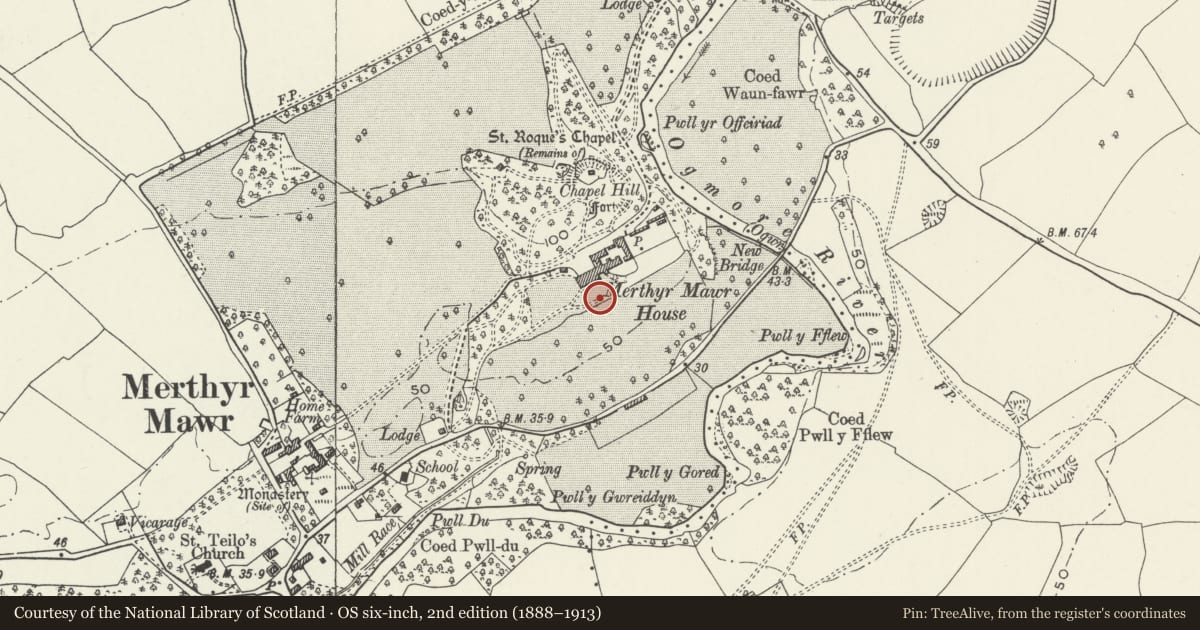 Ordnance Survey six-inch map, 2nd edition (1888–1913) covering the location of Lower Revetment and steps at Merthyr Mawr House, Bridgend, with a pin at the register's coordinates