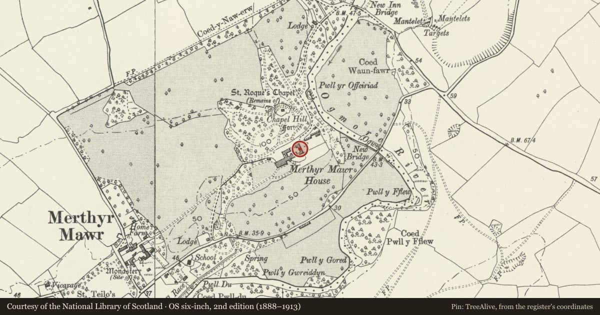 Ordnance Survey six-inch map, 2nd edition (1888–1913) covering the location of Stable block at Merthyr Mawr House, Bridgend, with a pin at the register's coordinates