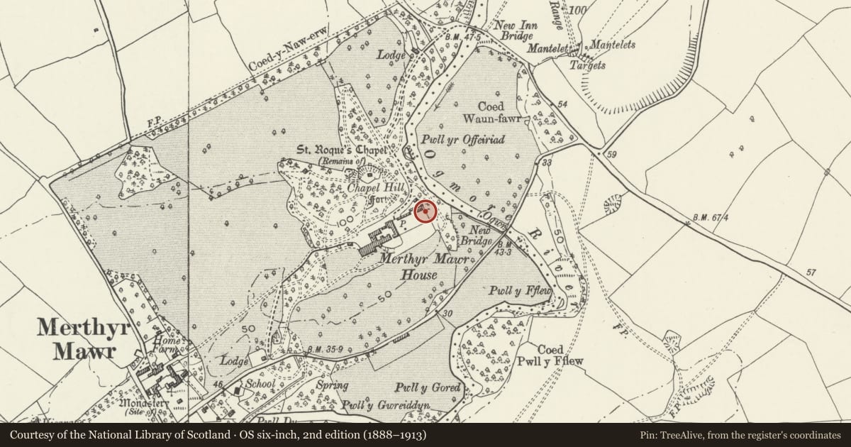 Ordnance Survey six-inch map, 2nd edition (1888–1913) covering the location of Walls to Kitchen Garden at Merthyr Mawr House, Bridgend, with a pin at the register's coordinates