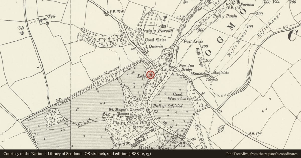 Ordnance Survey six-inch map, 2nd edition (1888–1913) covering the location of New Inn Lodge, Merthyr Mawr, Bridgend, with a pin at the register's coordinates
