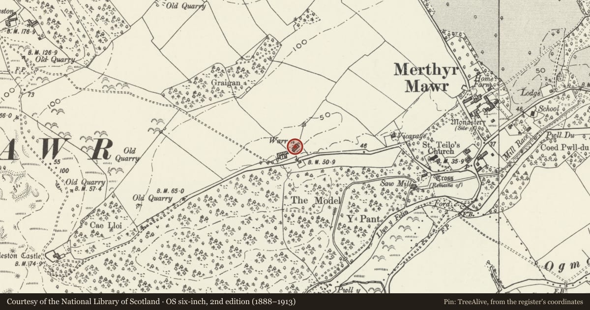 Ordnance Survey six-inch map, 2nd edition (1888–1913) covering the location of Ton Farm, Merthyr Mawr, Bridgend, with a pin at the register's coordinates