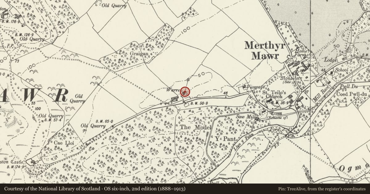 Ordnance Survey six-inch map, 2nd edition (1888–1913) covering the location of Ton Farm Cottage, Merthyr Mawr, Bridgend, with a pin at the register's coordinates