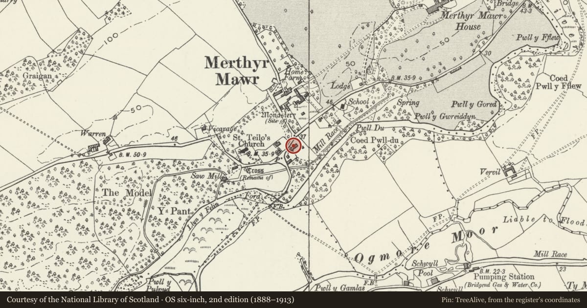 Ordnance Survey six-inch map, 2nd edition (1888–1913) covering the location of The Cottage, Merthyr Mawr, Bridgend, with a pin at the register's coordinates