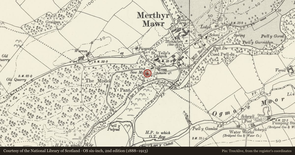 Ordnance Survey six-inch map, 2nd edition (1888–1913) covering the location of Former Saw Mill, Merthyr Mawr, Bridgend, with a pin at the register's coordinates