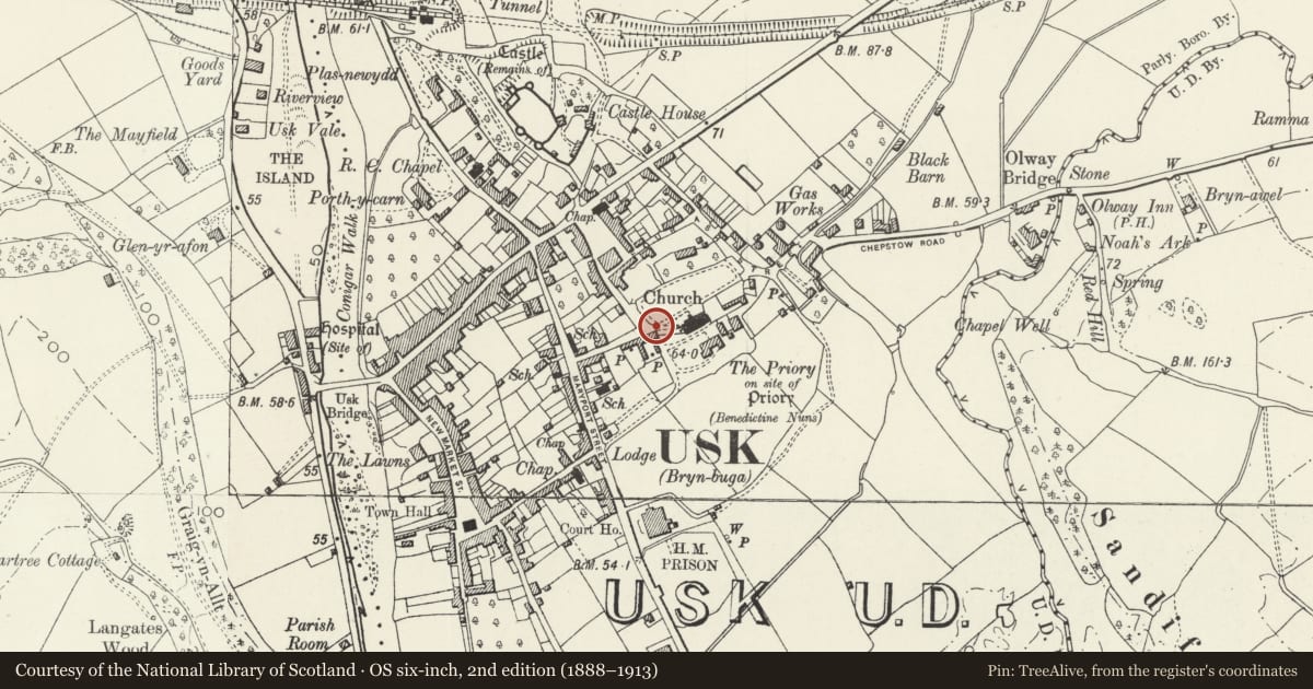 Ordnance Survey six-inch map, 2nd edition (1888–1913) covering the location of Churchyard Wall & Gateways at Priory Church of St Mary, Usk, Monmouthshire, with a pin at the register's coordinates