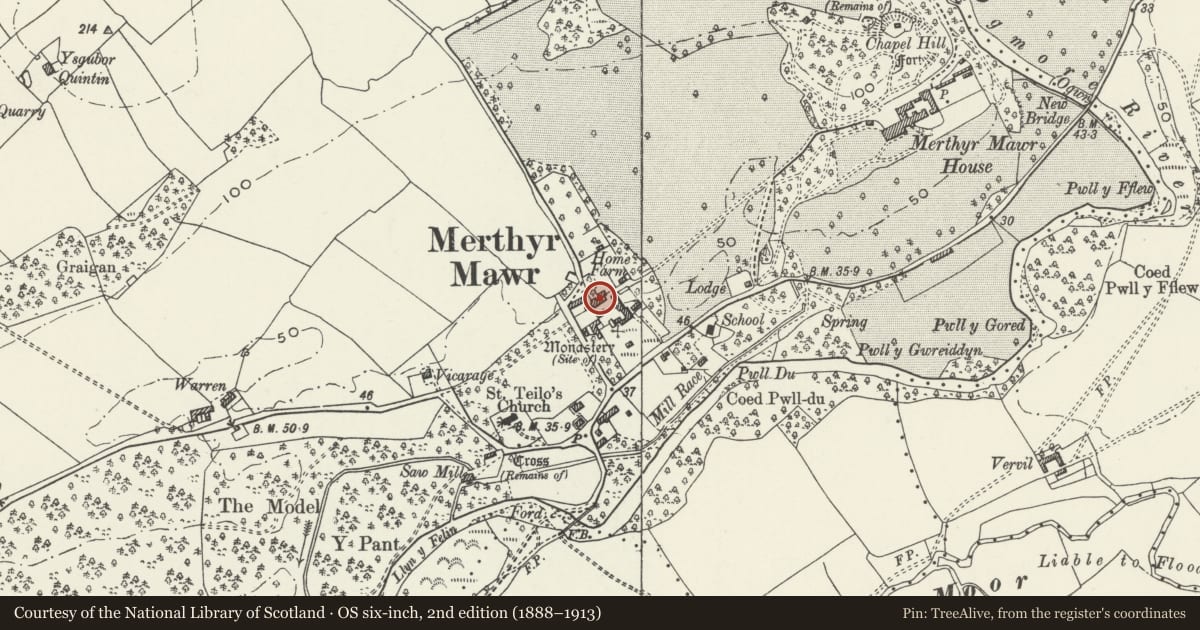 Ordnance Survey six-inch map, 2nd edition (1888–1913) covering the location of Home Farm, Merthyr Mawr, Bridgend, with a pin at the register's coordinates