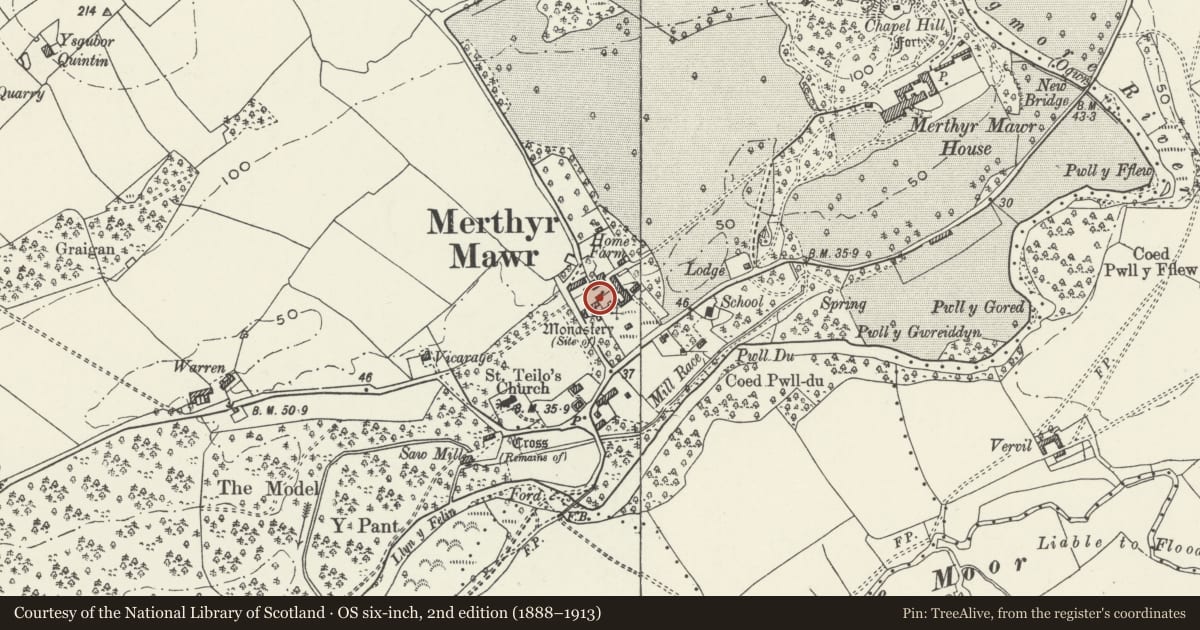 Ordnance Survey six-inch map, 2nd edition (1888–1913) covering the location of Malthouse at Home Farm, Merthyr Mawr, Bridgend, with a pin at the register's coordinates