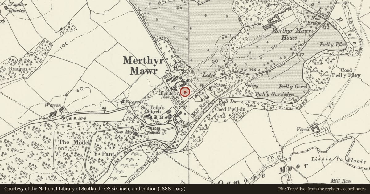 Ordnance Survey six-inch map, 2nd edition (1888–1913) covering the location of Dovecote at Home Farm, Merthyr Mawr, Bridgend, with a pin at the register's coordinates