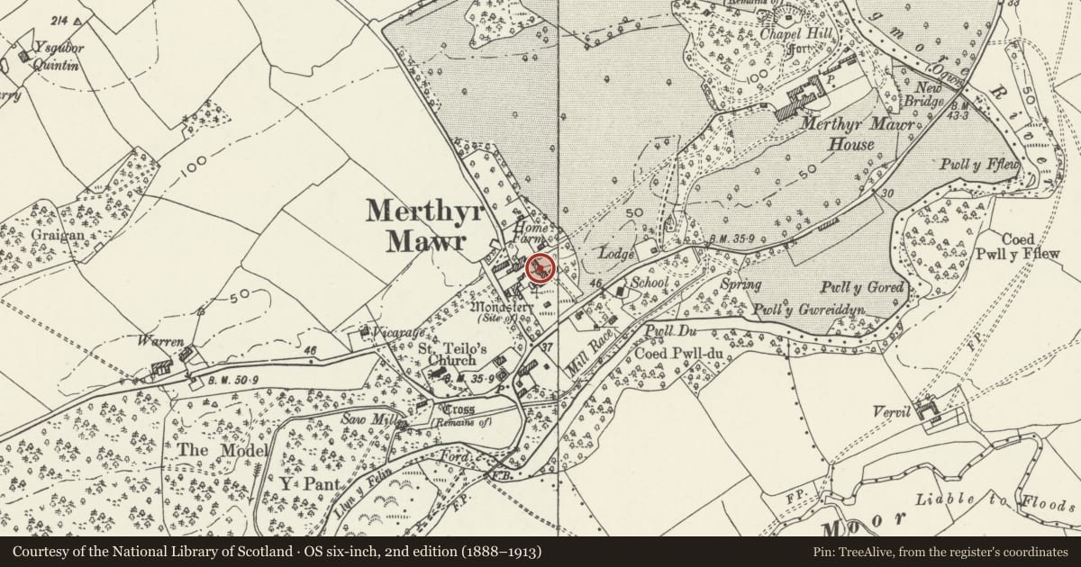 Ordnance Survey six-inch map, 2nd edition (1888–1913) covering the location of Barn and Stable at Home Farm (also known as Chapel Barn), Merthyr Mawr, Bridgend, with a pin at the register's coordinates