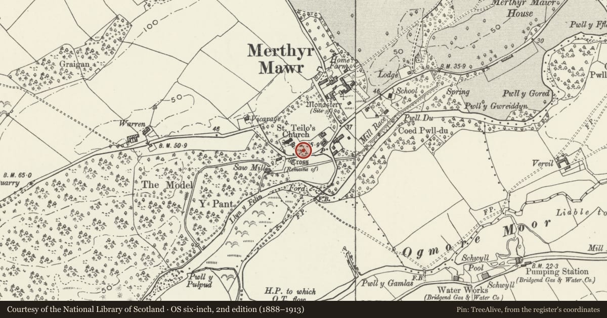 Ordnance Survey six-inch map, 2nd edition (1888–1913) covering the location of Churchyard wall and gate at St Teilo, Merthyr Mawr, Bridgend, with a pin at the register's coordinates