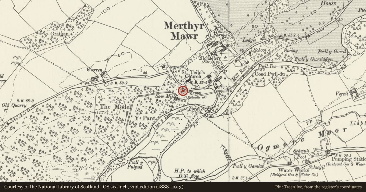 Ordnance Survey six-inch map, 2nd edition (1888–1913) covering the location of Former Tithe Barn, Merthyr Mawr, Bridgend, with a pin at the register's coordinates