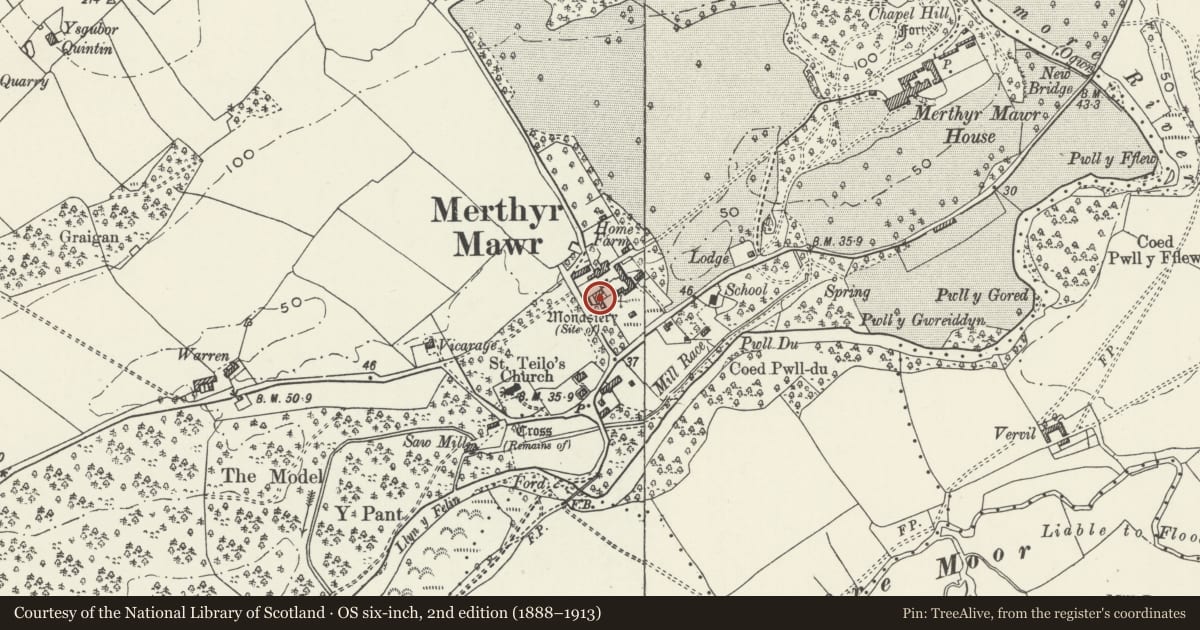 Ordnance Survey six-inch map, 2nd edition (1888–1913) covering the location of Cattle Shed at Home Farm, Merthyr Mawr, Bridgend, with a pin at the register's coordinates