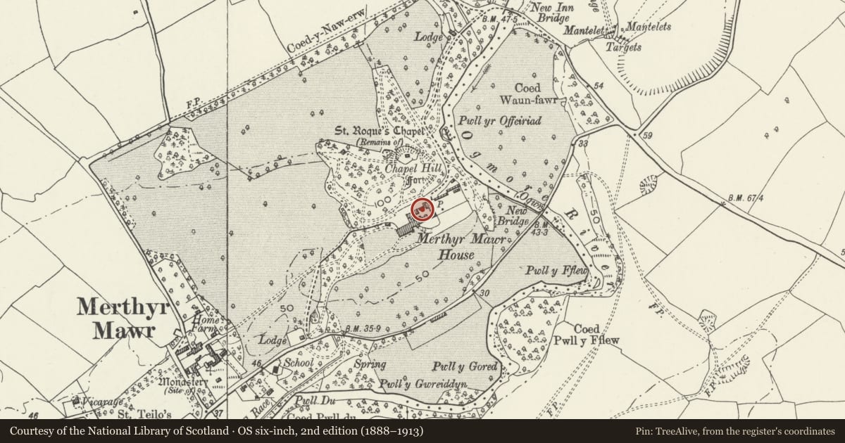 Ordnance Survey six-inch map, 2nd edition (1888–1913) covering the location of Vehicle store and workshops at Merthyr Mawr House, Bridgend, with a pin at the register's coordinates