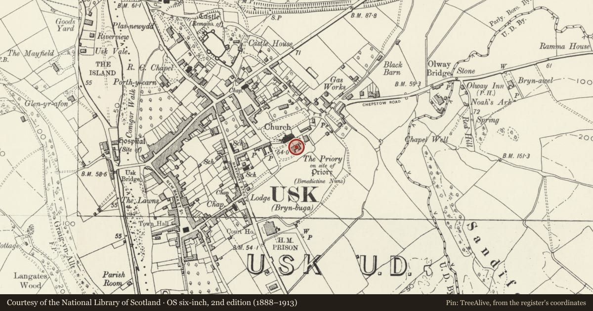 Ordnance Survey six-inch map, 2nd edition (1888–1913) covering the location of The Priory, Usk, Monmouthshire, with a pin at the register's coordinates