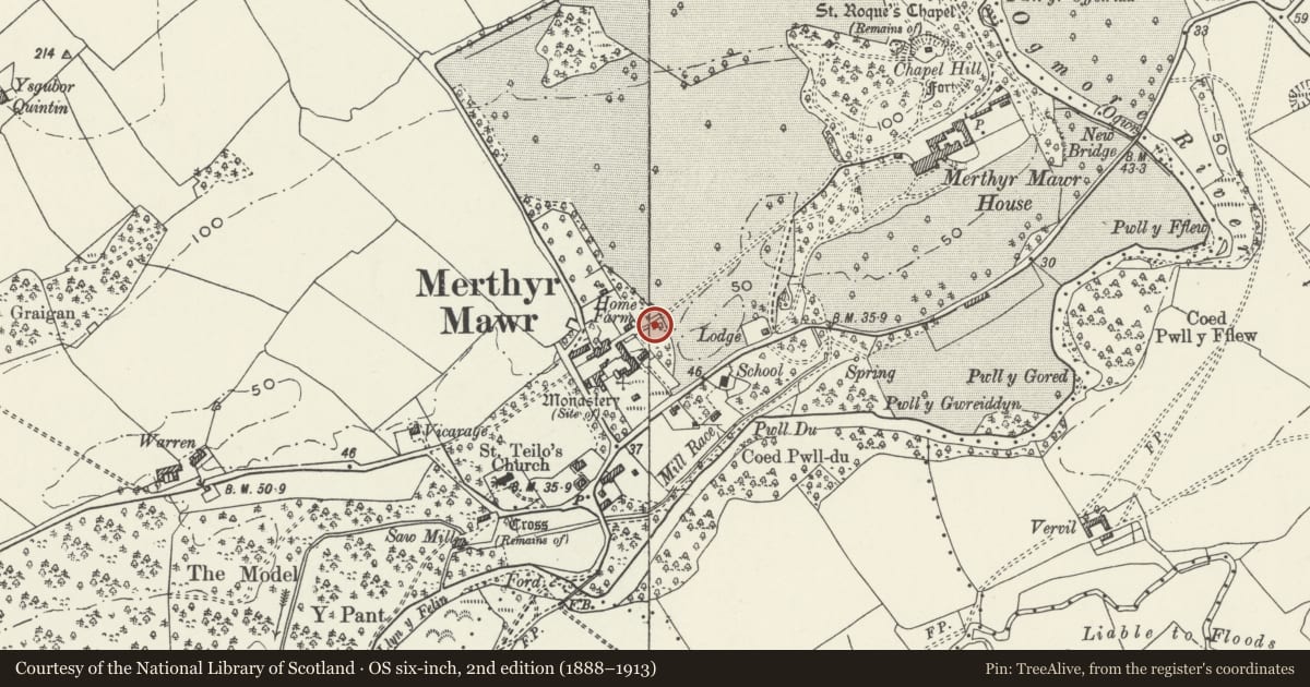 Ordnance Survey six-inch map, 2nd edition (1888–1913) covering the location of Gate and Gate Posts on E side of Home Farm, Merthyr Mawr, Bridgend, with a pin at the register's coordinates
