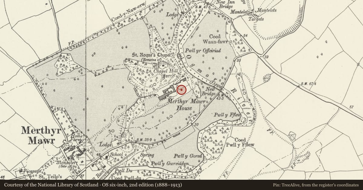 Ordnance Survey six-inch map, 2nd edition (1888–1913) covering the location of Greenhouse attached to Kitchen Garden at Merthyr Mawr House, Bridgend, with a pin at the register's coordinates