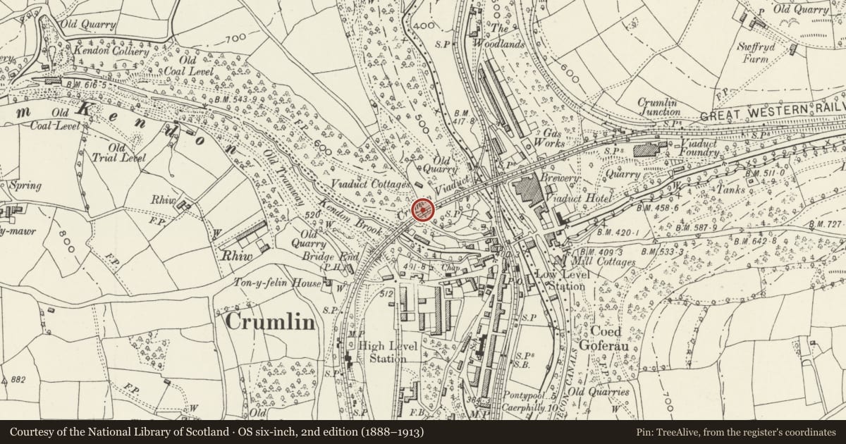 Ordnance Survey six-inch map, 2nd edition (1888–1913) covering the location of Crumlin Viaduct W Abutment Ebbw Valley, Caerphilly, with a pin at the register's coordinates