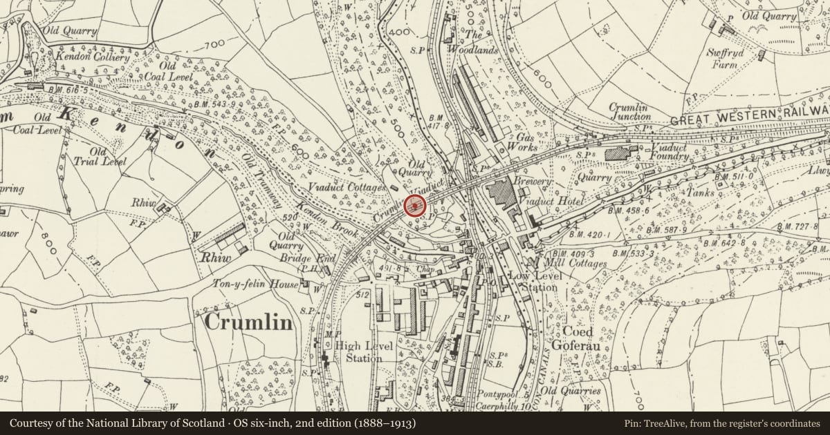 Ordnance Survey six-inch map, 2nd edition (1888–1913) covering the location of Crumlin Viaduct NE Abutment Cwm Kendon, Caerphilly, with a pin at the register's coordinates