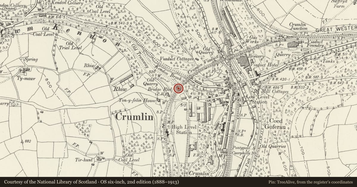 Ordnance Survey six-inch map, 2nd edition (1888–1913) covering the location of Crumlin Viaduct SW Abutment Cwm Kendon, Caerphilly, with a pin at the register's coordinates