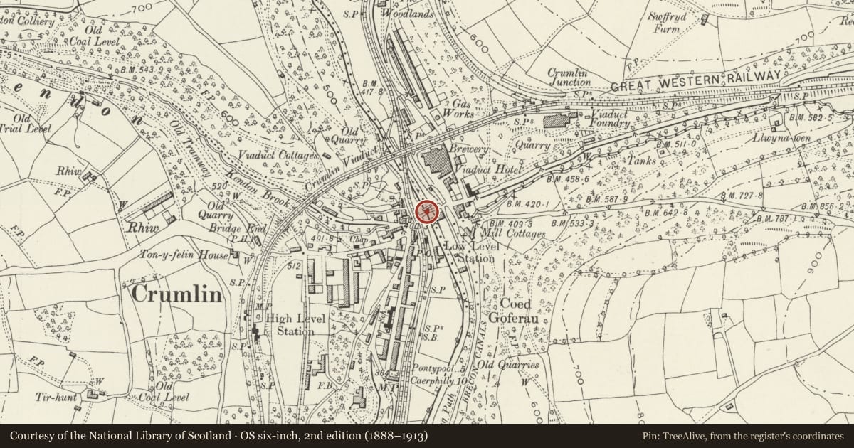 Ordnance Survey six-inch map, 2nd edition (1888–1913) covering the location of Crumlin Old Bridge over River Ebbw, Caerphilly, with a pin at the register's coordinates