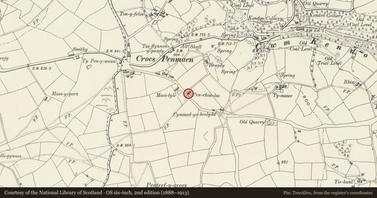 Ordnance Survey six-inch map, 2nd edition (1888–1913) covering the location of Penrhiwlas, Crumlin, Caerphilly, with a pin at the register's coordinates