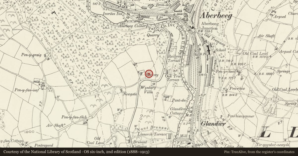 Ordnance Survey six-inch map, 2nd edition (1888–1913) covering the location of Church of Christ Church Aberbeeg, Crumlin, Caerphilly, with a pin at the register's coordinates
