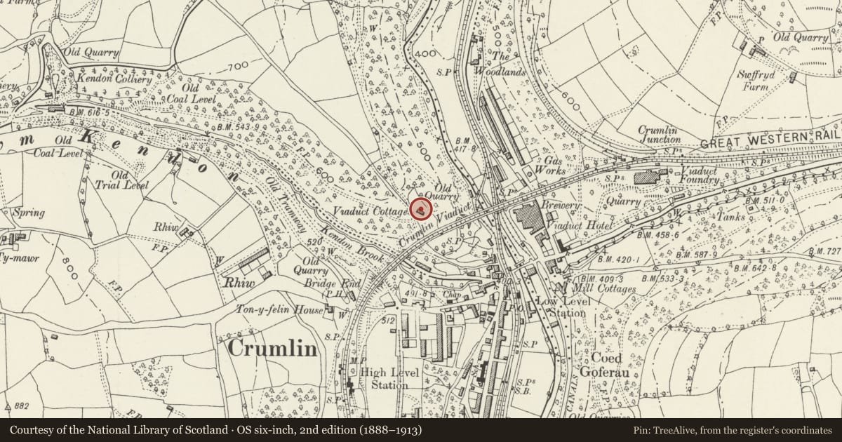 Ordnance Survey six-inch map, 2nd edition (1888–1913) covering the location of Viaduct Cottage, Crumlin, Caerphilly, with a pin at the register's coordinates