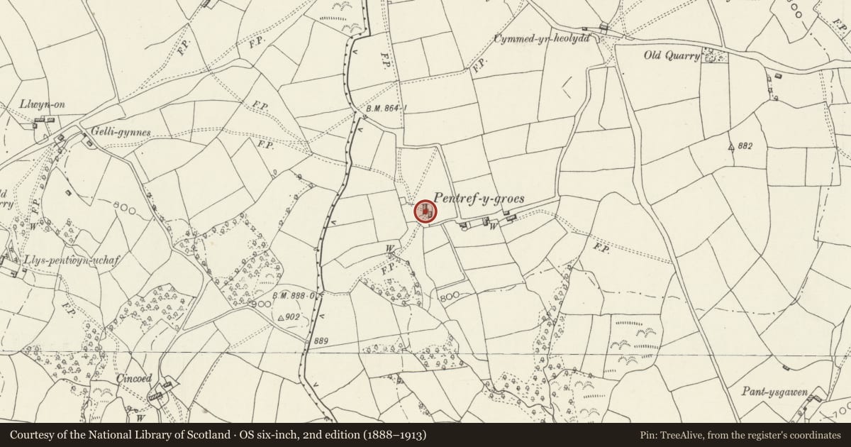Ordnance Survey six-inch map, 2nd edition (1888–1913) covering the location of Pentref-y-Groes, Crumlin, Caerphilly, with a pin at the register's coordinates