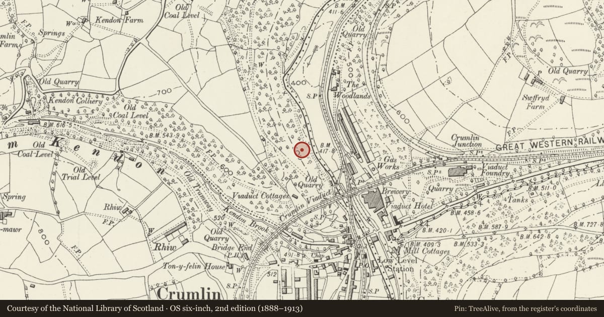 Ordnance Survey six-inch map, 2nd edition (1888–1913) covering the location of Rear Revetment Wall S, Crumlin, Caerphilly, with a pin at the register's coordinates