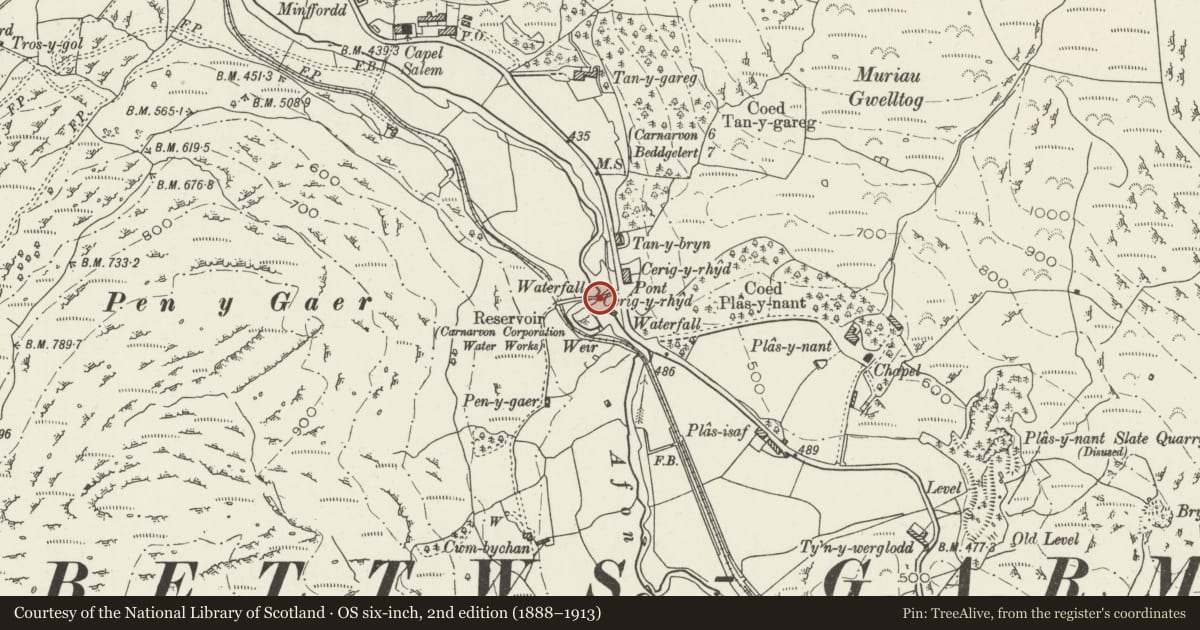 Ordnance Survey six-inch map, 2nd edition (1888–1913) covering the location of Pont Cerrig-y-rhyd, Betws Garmon, Gwynedd, with a pin at the register's coordinates