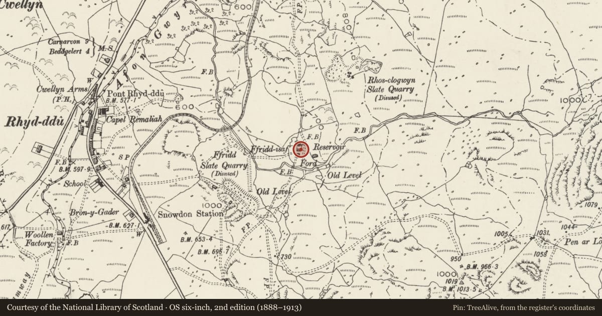 Ordnance Survey six-inch map, 2nd edition (1888–1913) covering the location of Barn to South of Fridd-isaf, Betws Garmon, Gwynedd, with a pin at the register's coordinates