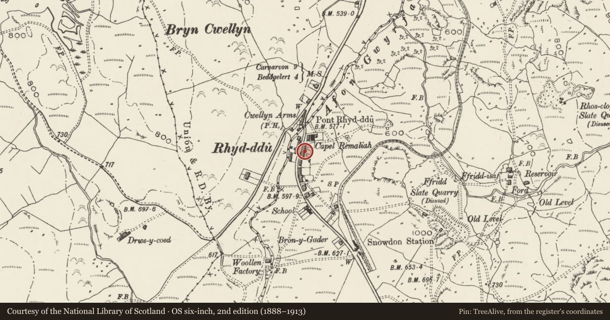 Ordnance Survey six-inch map, 2nd edition (1888–1913) covering the location of Pen-y-Gongl, Betws Garmon, Gwynedd, with a pin at the register's coordinates