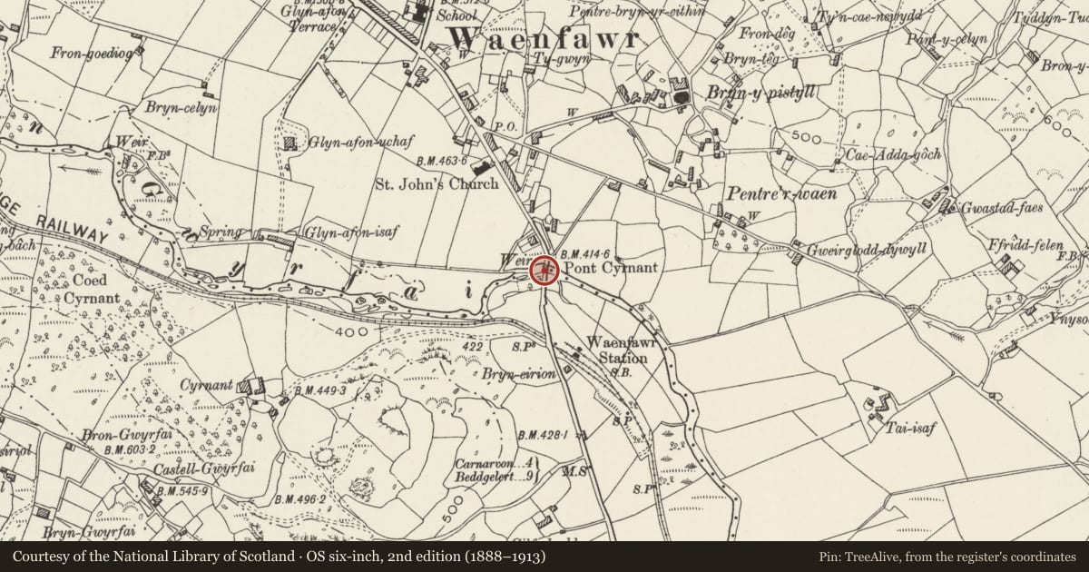 Ordnance Survey six-inch map, 2nd edition (1888–1913) covering the location of Pont Cyrnant (partly in Waunfawr Community), Betws Garmon, Gwynedd, with a pin at the register's coordinates