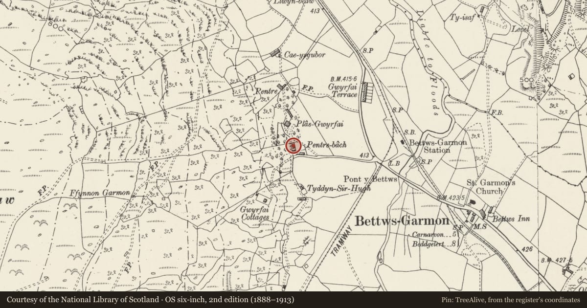 Ordnance Survey six-inch map, 2nd edition (1888–1913) covering the location of Pentre Gwyn, Betws Garmon, Gwynedd, with a pin at the register's coordinates