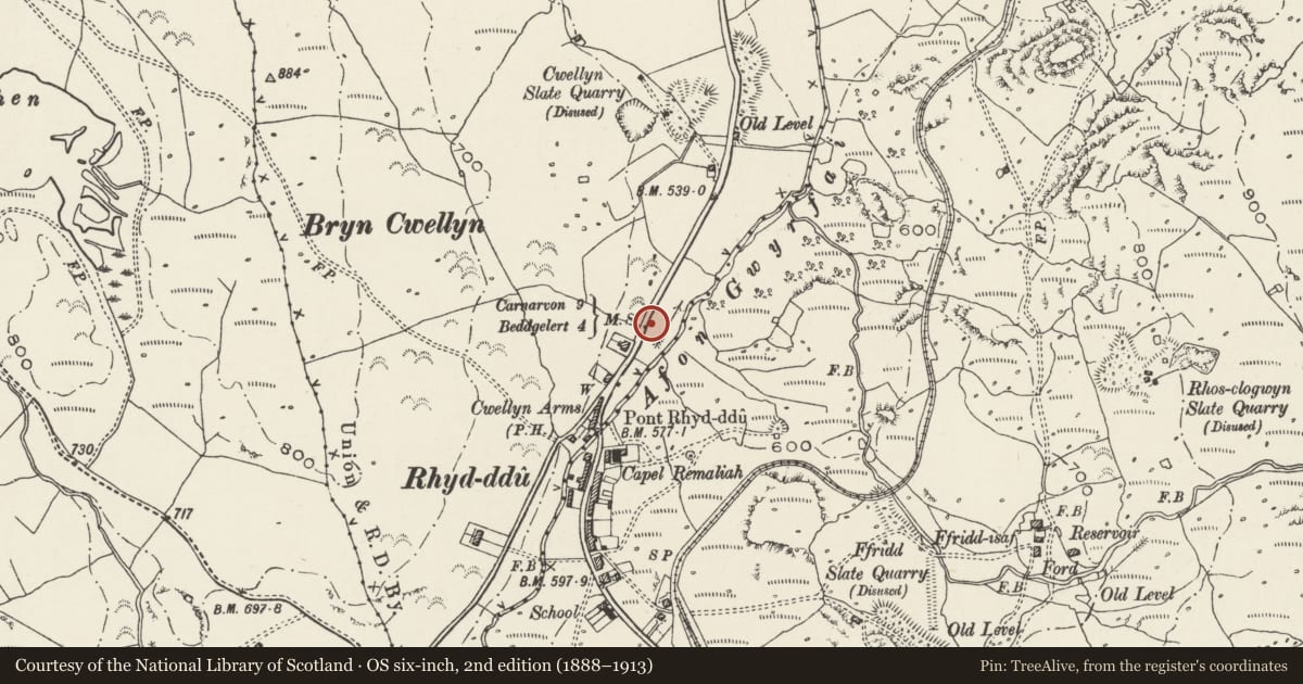 Ordnance Survey six-inch map, 2nd edition (1888–1913) covering the location of Milestone, Betws Garmon, Gwynedd, with a pin at the register's coordinates