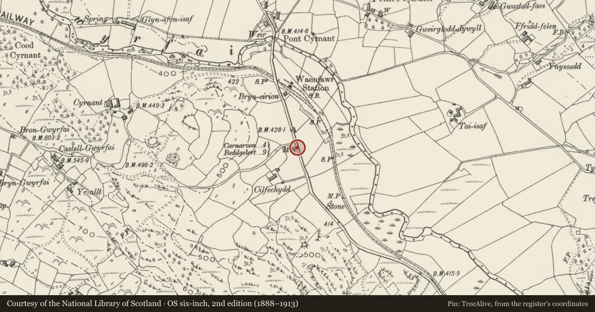 Ordnance Survey six-inch map, 2nd edition (1888–1913) covering the location of Milestone, Betws Garmon, Gwynedd, with a pin at the register's coordinates