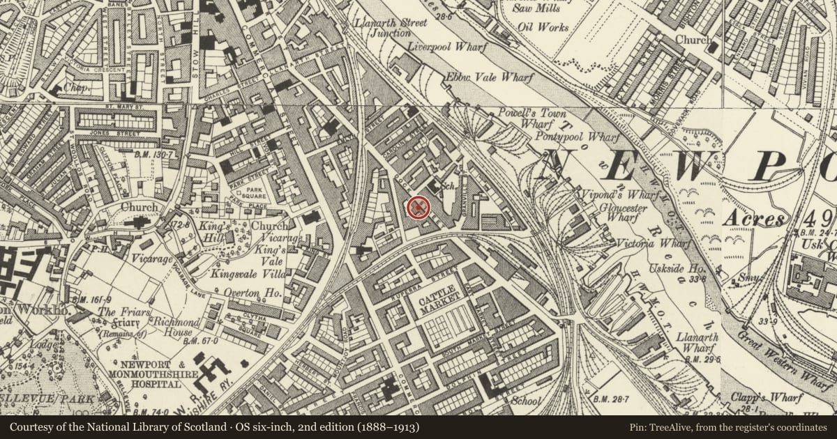 Ordnance Survey six-inch map, 2nd edition (1888–1913) covering the location of 124&124a, Stow Hill, Newport, with a pin at the register's coordinates