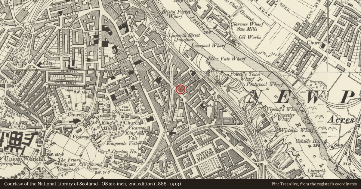 Ordnance Survey six-inch map, 2nd edition (1888–1913) covering the location of Former Drill Hall, Stow Hill, Newport, with a pin at the register's coordinates