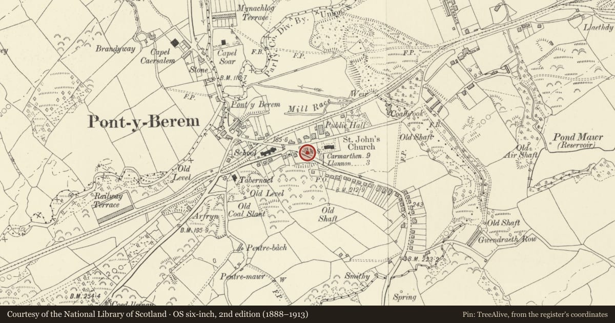 Ordnance Survey six-inch map, 2nd edition (1888–1913) covering the location of Milestone in Pontyberem village, Carmarthenshire, with a pin at the register's coordinates