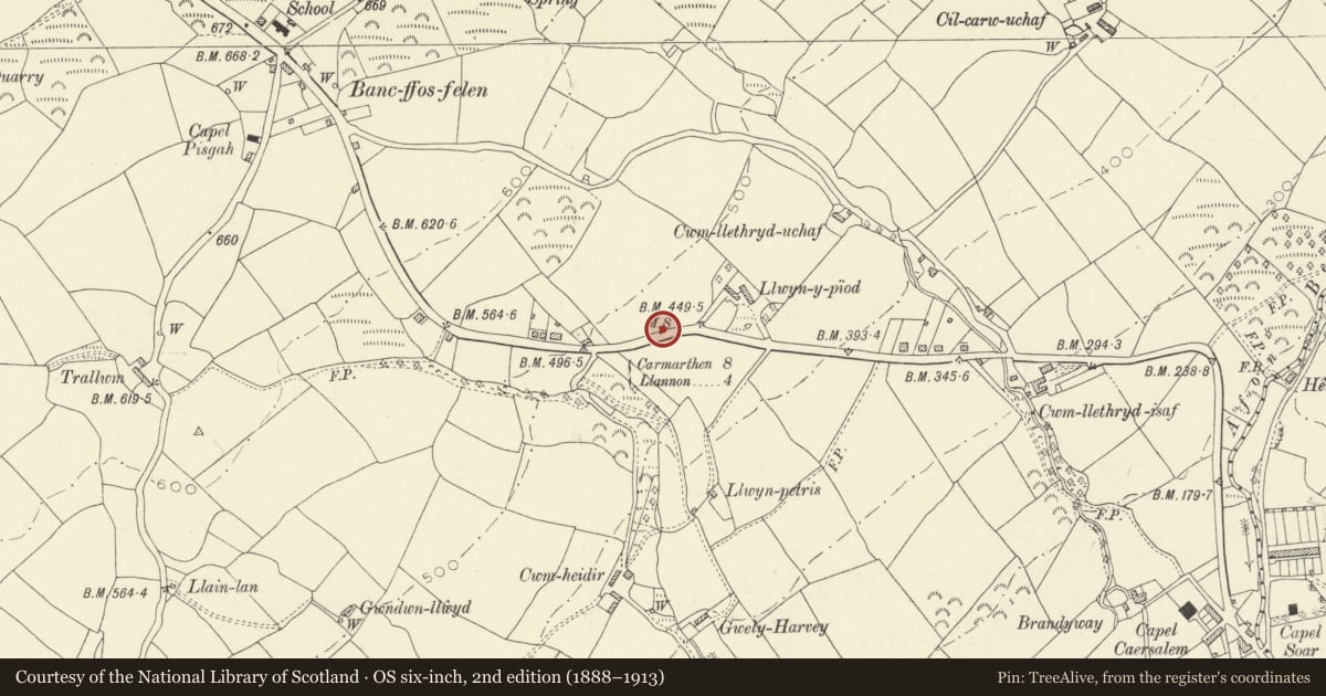 Ordnance Survey six-inch map, 2nd edition (1888–1913) covering the location of Milestone in Bancffosfelen, Pontyberem, Carmarthenshire, with a pin at the register's coordinates