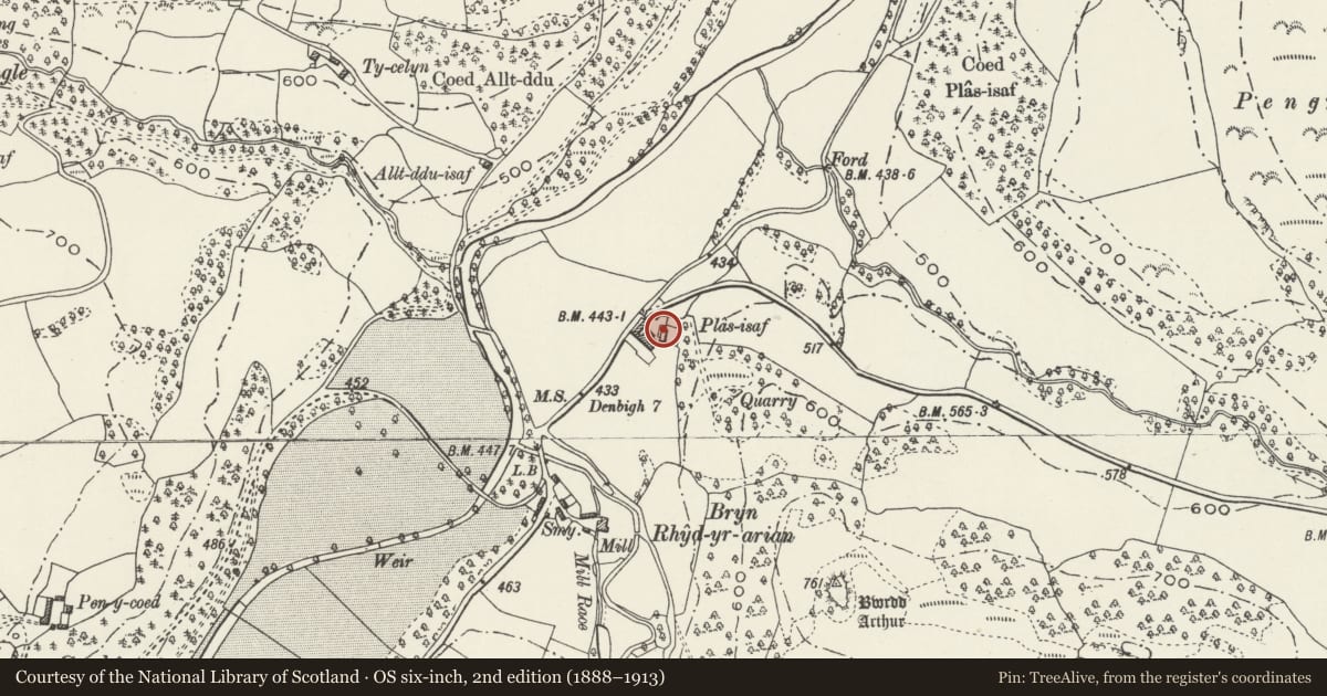 Ordnance Survey six-inch map, 2nd edition (1888–1913) covering the location of Plas Isaf, Llansannan, Conwy, with a pin at the register's coordinates