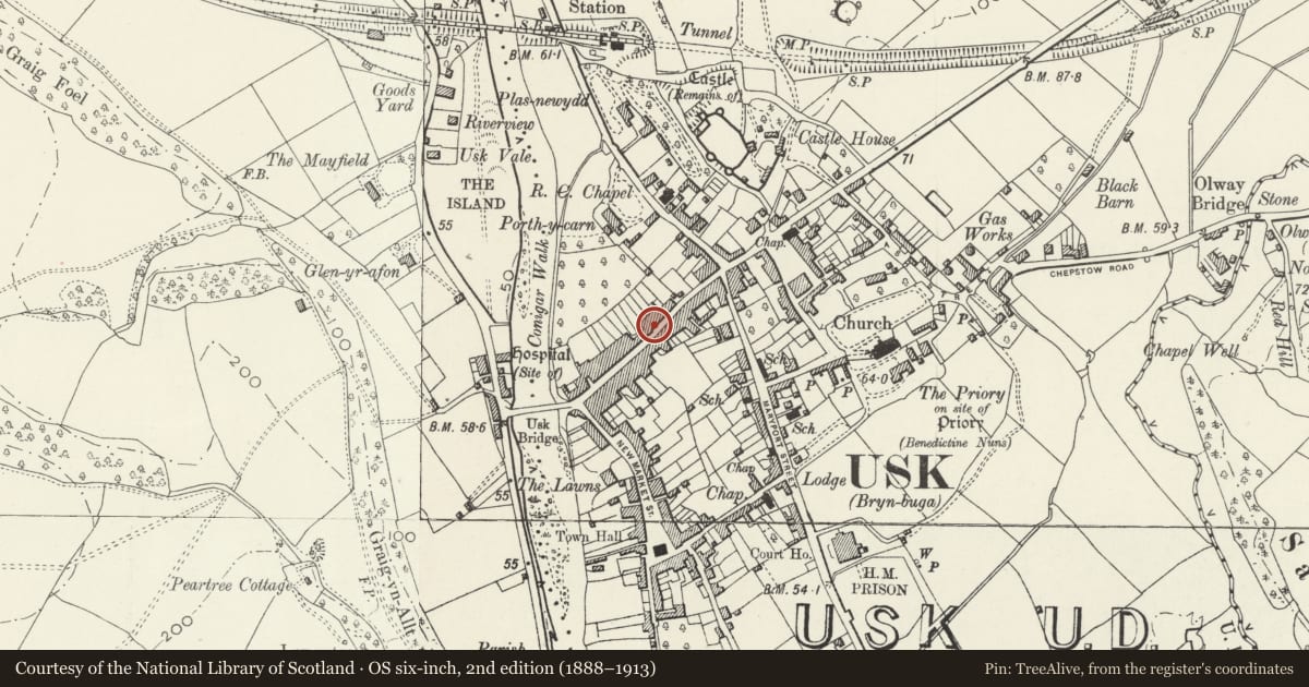 Ordnance Survey six-inch map, 2nd edition (1888–1913) covering the location of Gordon House, Usk, Monmouthshire, with a pin at the register's coordinates