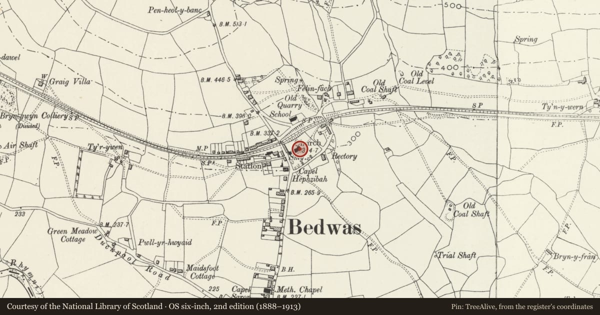 Ordnance Survey six-inch map, 2nd edition (1888–1913) covering the location of Remains of Churchyard Cross, Bedwas, Trethomas and Machen, Caerphilly, with a pin at the register's coordinates