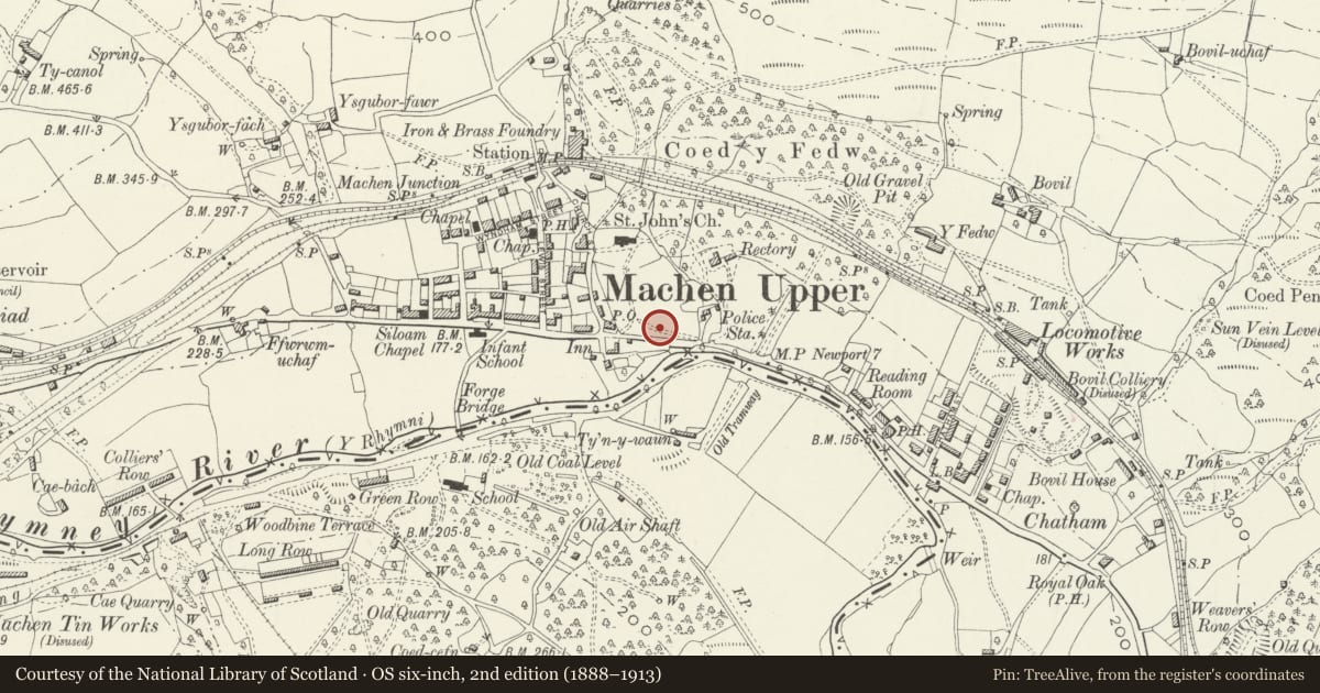 Ordnance Survey six-inch map, 2nd edition (1888–1913) covering the location of War Memorial within Railed Enclosure, Bedwas, Trethomas and Machen, Caerphilly, with a pin at the register's coordinates