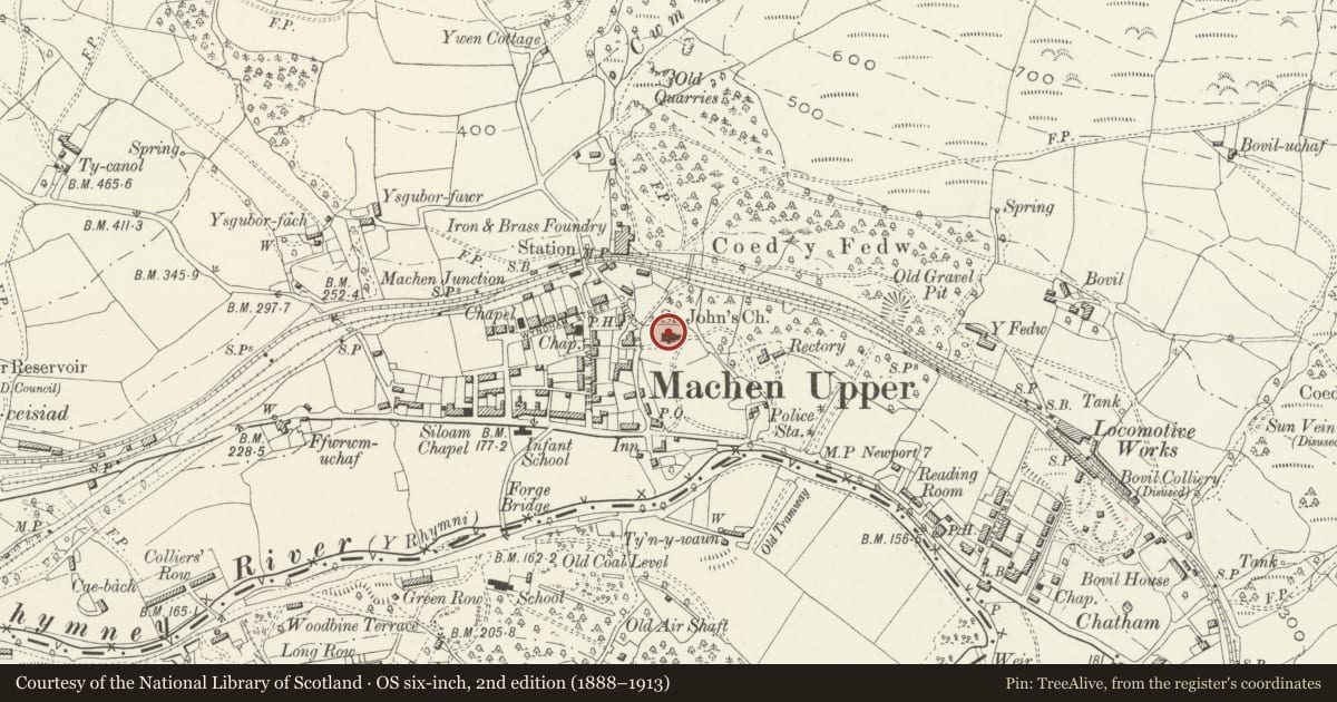 Ordnance Survey six-inch map, 2nd edition (1888–1913) covering the location of Church of St John, Bedwas, Trethomas and Machen, Caerphilly, with a pin at the register's coordinates